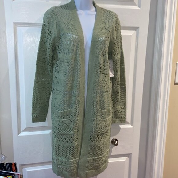 Wild Skye Knee Length Duster Cardigan Sweater Pointelle Knit Fresh Sage Small - Picture 3 of 11